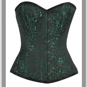 Boned CORSET Laced Waist Training Basque Deep Green & Black Brocade